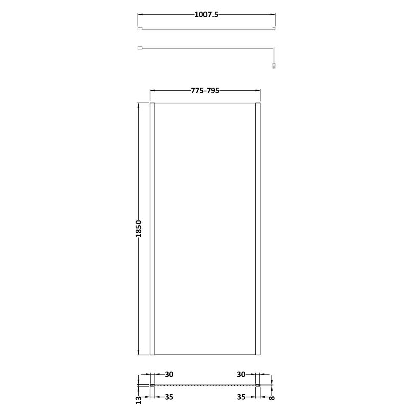 760Mm Outer Framed Wetroom Screen With Support Bar, 185cm H x 80cm W x 1.40cm D, Bronze