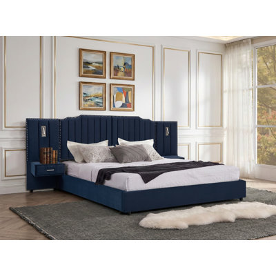 Structure de lit tapissier en velours avec tête de lit et tiroir, lit plateforme moderne avec lampes de lecture, bleu foncé, très grand