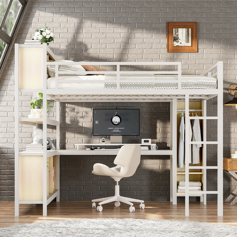 Grand lit mezzanine en métal avec bureau en L, garde-robe et tablettes, lit mezzanine haut avec rangement pour adolescents et adultes peu encombrant