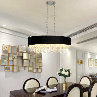 39" Modern Crystal Chandelier With Black Imitation Velvet Anti-Glare Shade, Adjustable Height, 8-Light G9 Base For Dining Room, Living Room, Or Bedroom