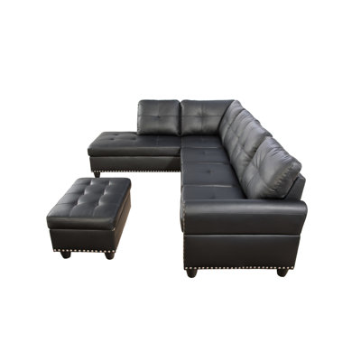 Nailhead Trim Sectional With & Foam Comfort - Black Faux Leather , 4 Person Seating, Filled, 8 Hand-Tied Springs, Rounded Arms, Subtle Tufting, Trim, Storage Feature