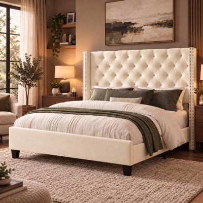 Meriton Wingback Upholstered , Metal frame, No Box Spring, Plywood Slats