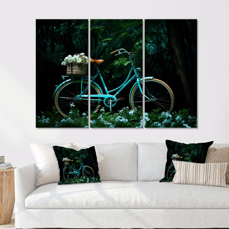 Bleu sarcelle Tour II - ensemble d'art mural vélo, H 32 po x l 48 po