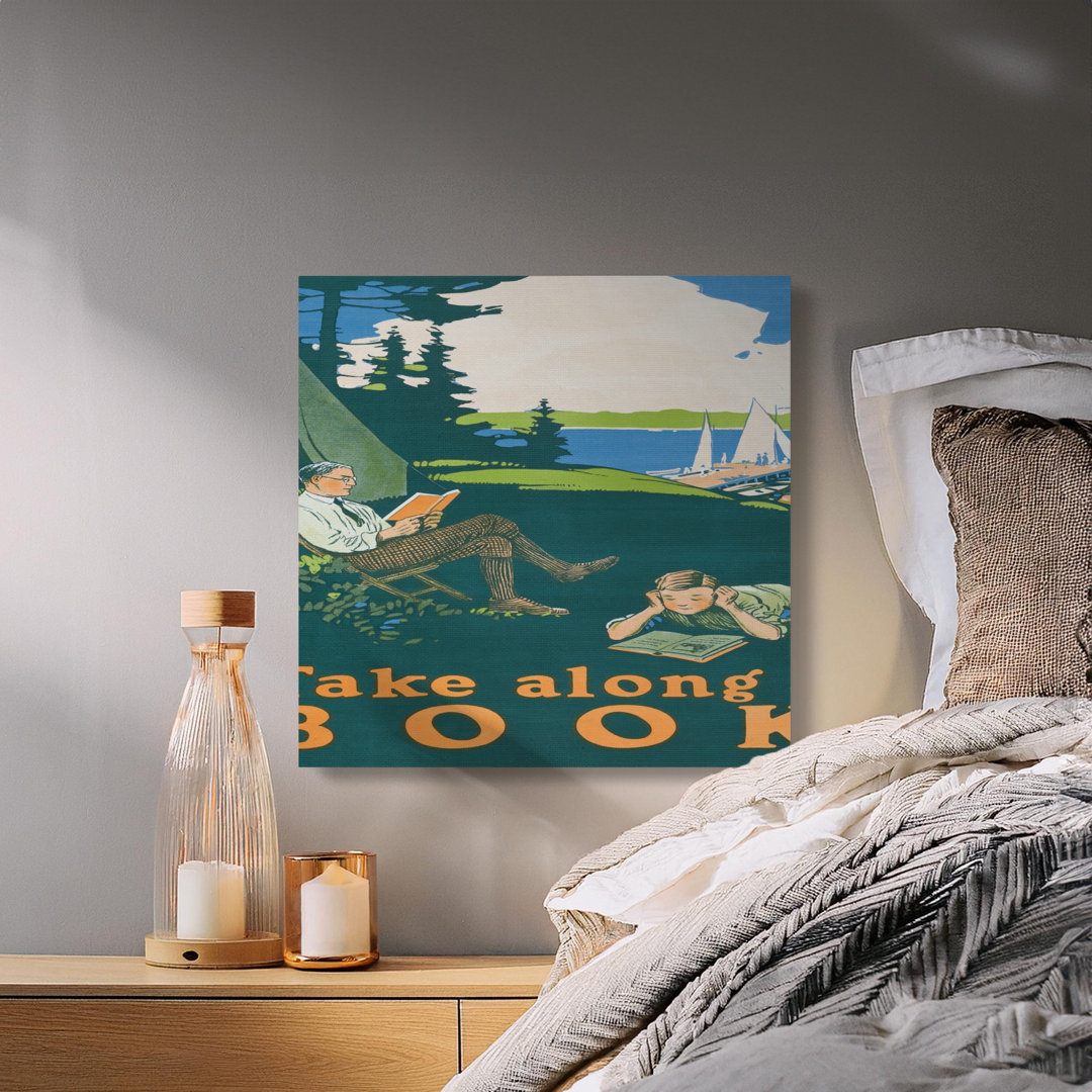 Vintage Travel Canvas Wall Art, Take Along a Book, Gallery Wrapped, Ready to Hang, Archival Quality, Reading, Lake Scene, Boating, Tent