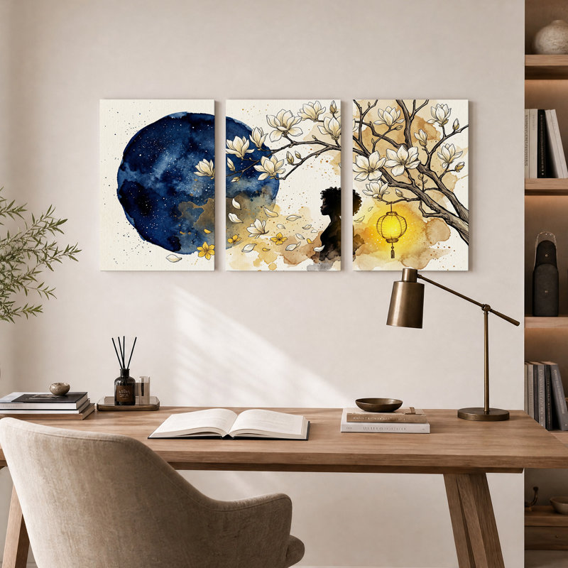 Silhouette, femme sous une lune étoilée, ensemble de 3 toiles, 30"H x 20"W x 3pcs