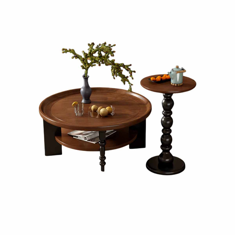 Brown Solid Wood Round Coffee Table Sets, Brown / Black