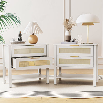 Table de chevet étroite en rotin avec 2 tiroirs et tablette de rangement Boho