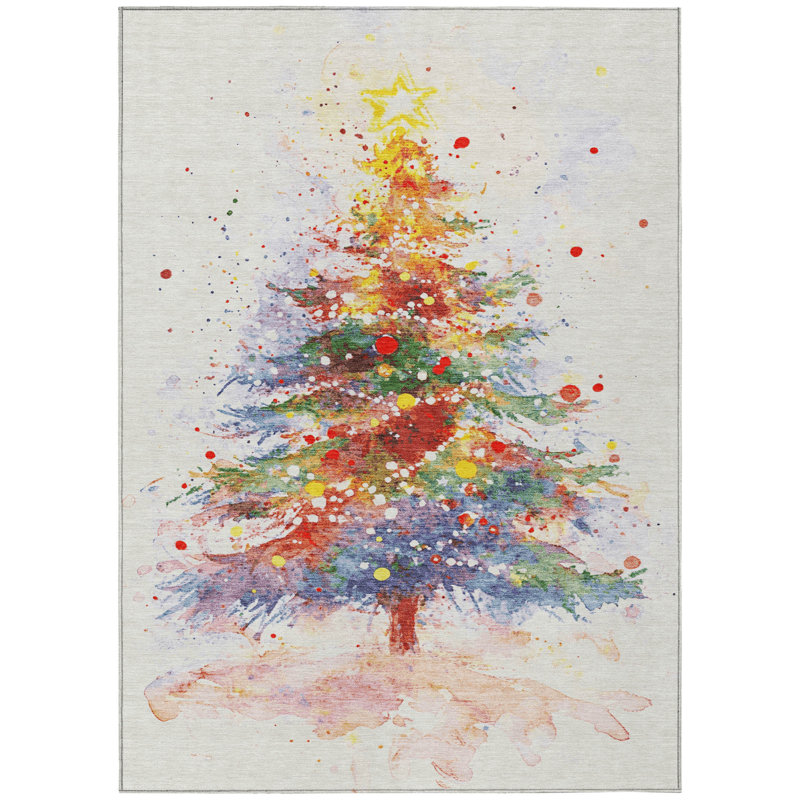 Machine Washable Indoor/Outdoor Christmas Tree Xhevrie Ivory Rug, Rectangle 2'6" x 3'10"