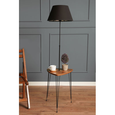 Modern Industrial Floor Lamp with Wooden Table, Black & Walnut, 57.9 in Height x 14.6 in Diameter | Metal Body, Fabric Cap, E27 Socket (Max 40W) | Perfect for Scandinavian & Novelty Decor in Living Room or Office