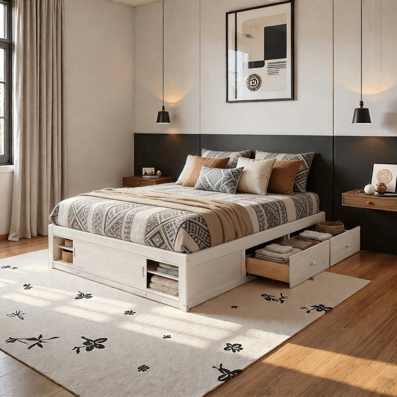 Queen Storage Platform Bed Frame With 4 Drawers And Cabinet, Antique White