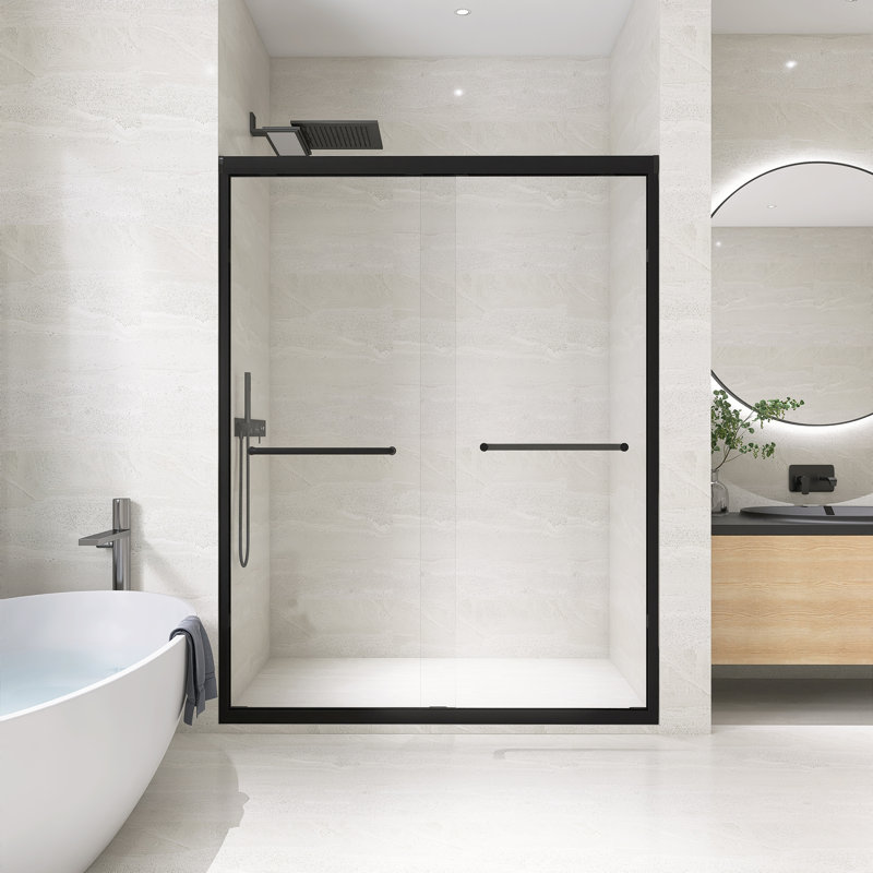 56" To 60" X 72" Aluminum Framed Double Sliding Shower Door, With 1/4" Tempered Glass, With Explosion Proof Film, Stainless Steel Handle