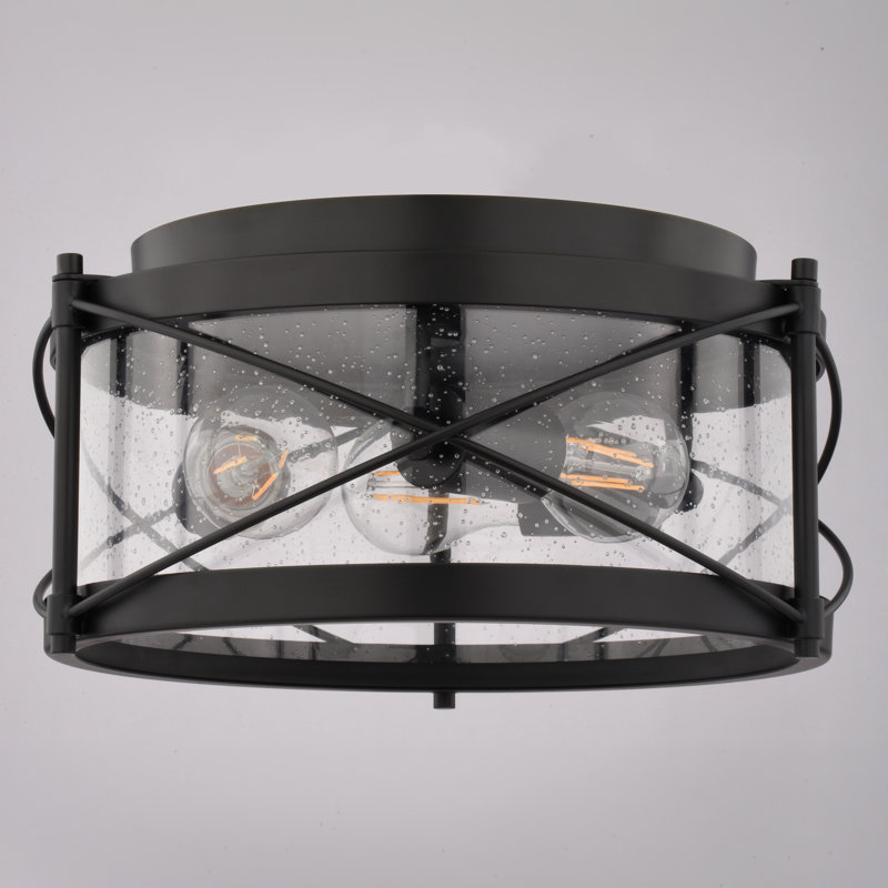 Plafonnier encastré cylindrique noir mat 3 lumières Harrison, compatible avec DEL, large verre transparent ensemencé de 13,25 po, plafonnier bas