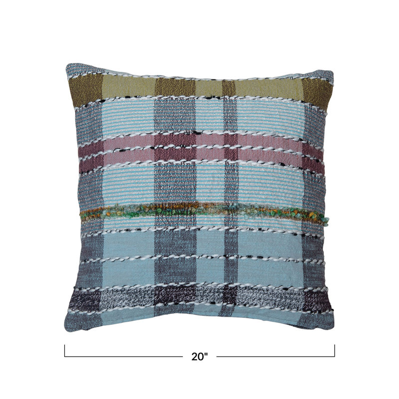 Woven Cotton And Wool Madras Plaid Pillow With Chambray Back
