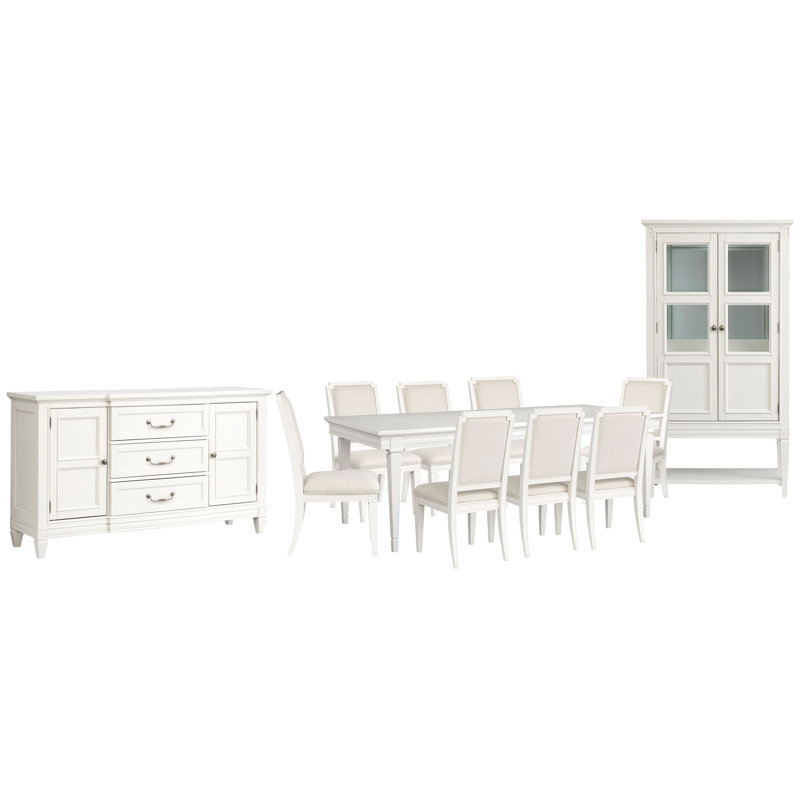 Extendable Rectangular Dining Table With 8 Upholstered Side Chairs Buffet And Display Cabinet