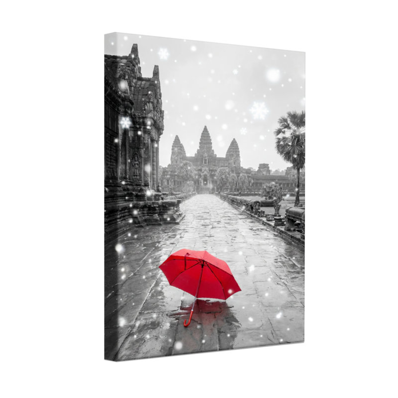 Scenic & Cityscapes, parapluie rouge en noir et blanc, scène de temple, H 40 po x l 28 po