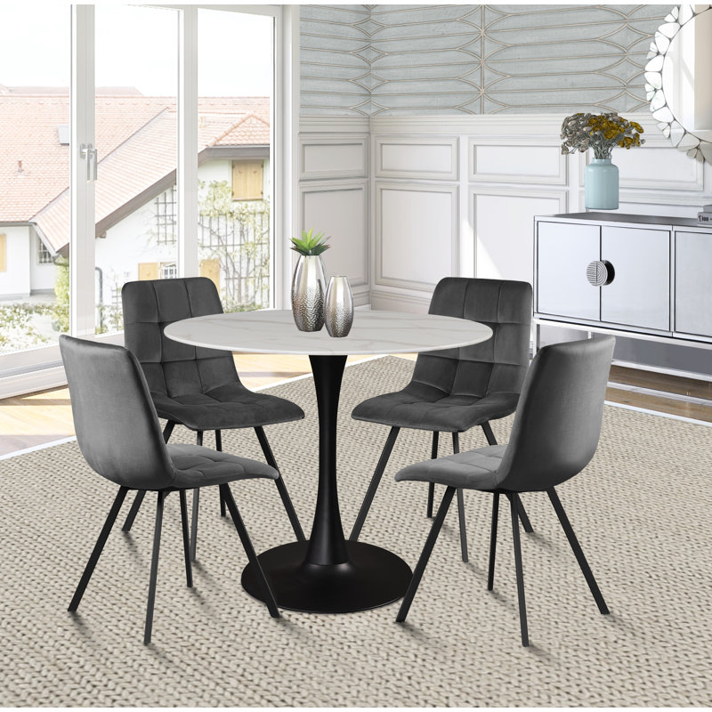 Sevinc Round Unfinished Glass Top Metal Base Dining Table, Matte Black, 36" W x 36" L