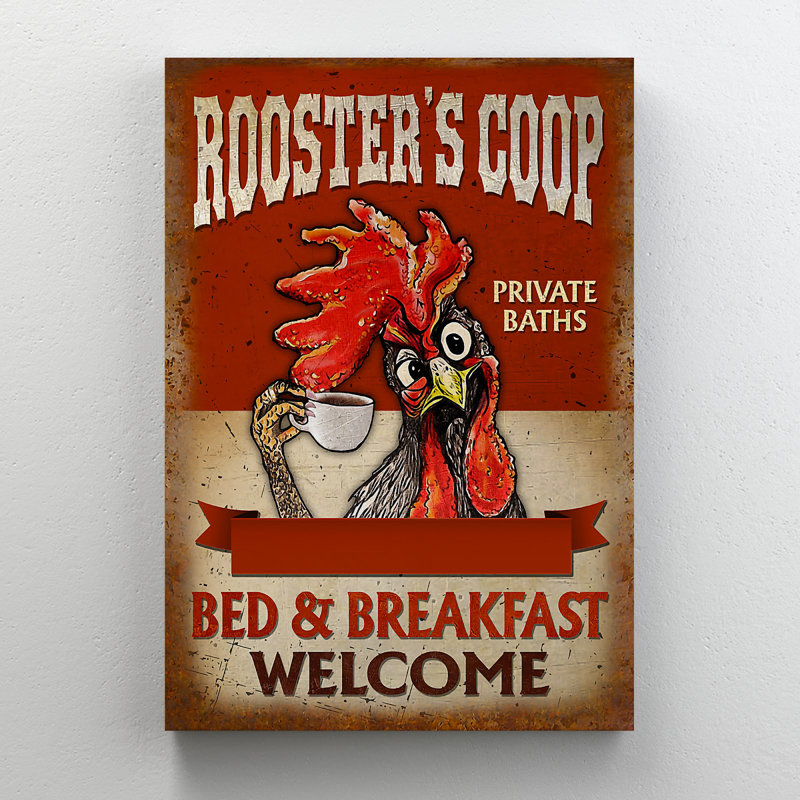 Un coq tenant une tasse de café - Coq, salle de bain privée, lit et petit-déjeuner - 1 reproduction d'art graphique sur toile tendue
