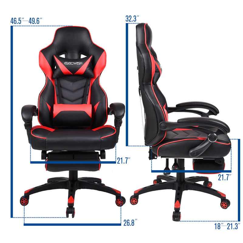 RAYS Reclining Ergonomic Faux Leather Swiveling PC & Racing Game Chair with Footrest, Red