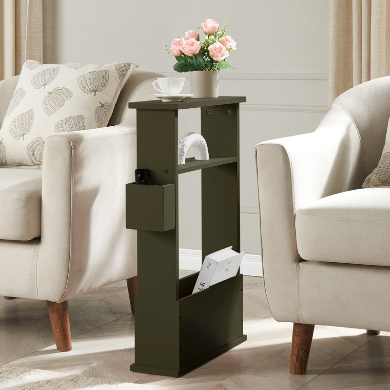 Narrow Side Table with Storage Shelf, Slim End Table with Magazine & Remote Holder, Small Space Bedside Table for Living Room or Bedroom