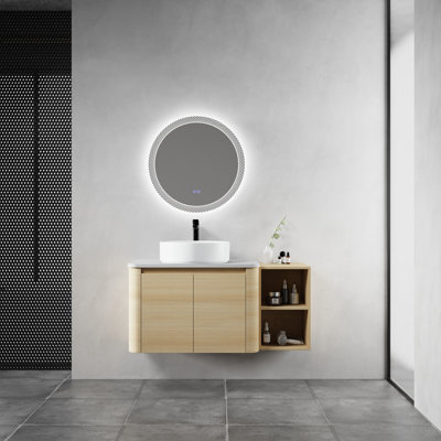 Meuble-lavabo mural 42 po avec lavabo d'art en céramique et 1 tablette de rangement, 2 portes à fermeture douce, emballage KD, contreplaqué