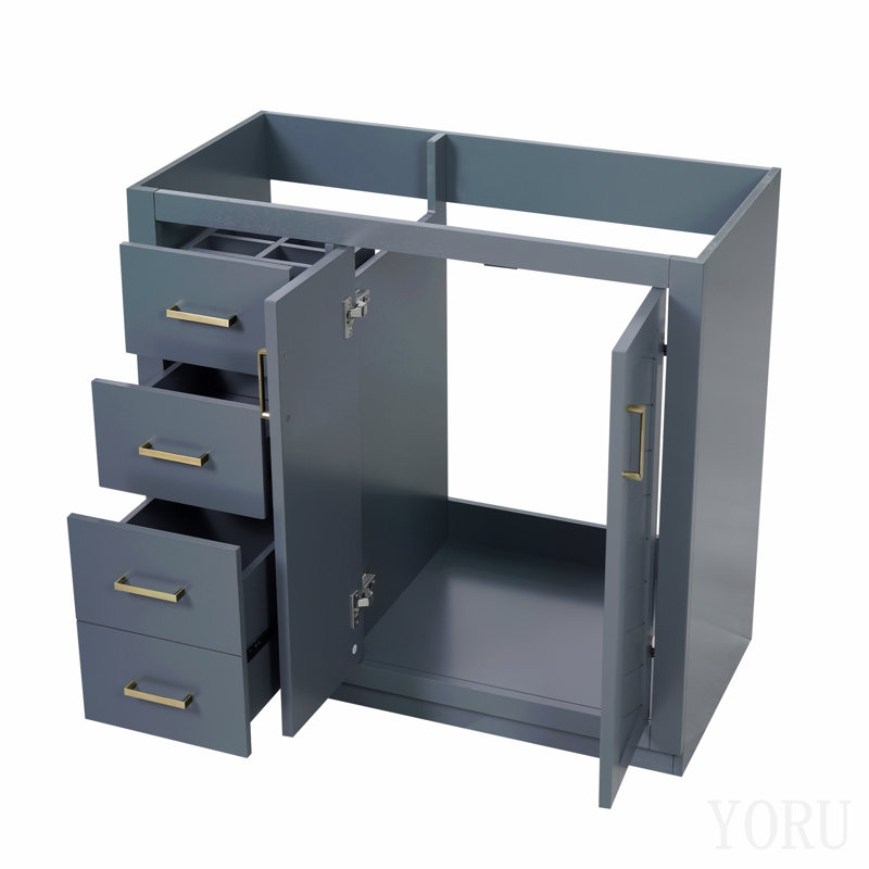 Ensemble de meuble-lavabo autoportant avec cadre en bois massif 36 po, 3 tiroirs et portes à fermeture douce, Blue, Blue