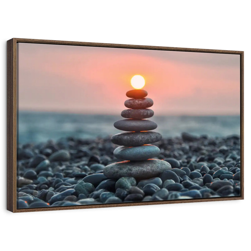 Zen pile au coucher du soleil, 46 po x 31 po, Cadre flottant en noyer