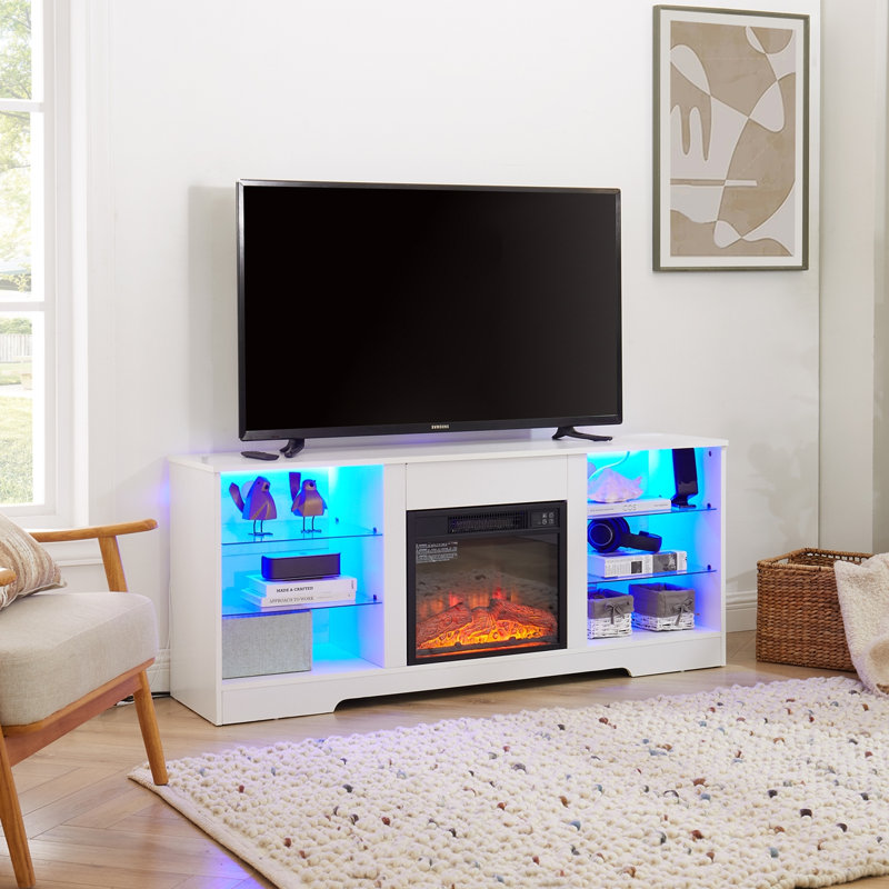 Crédence de rangement avec foyer électrique de 57,87 po Adaway, Blanc