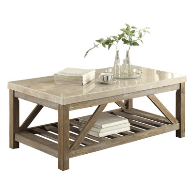 Industrial Living Room Table With Marble Surface And Wooden Base Shelf Classic Cocktail Angled Support Unit