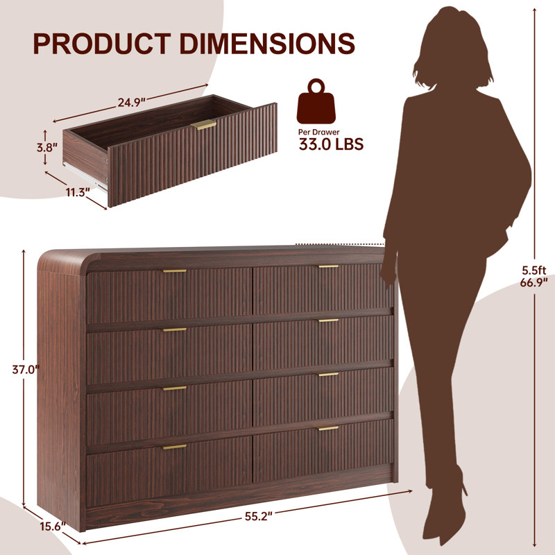 Ato 8-Drawer Dresser 55"W Double Dresser With Waveform Fluted Panel, Brown