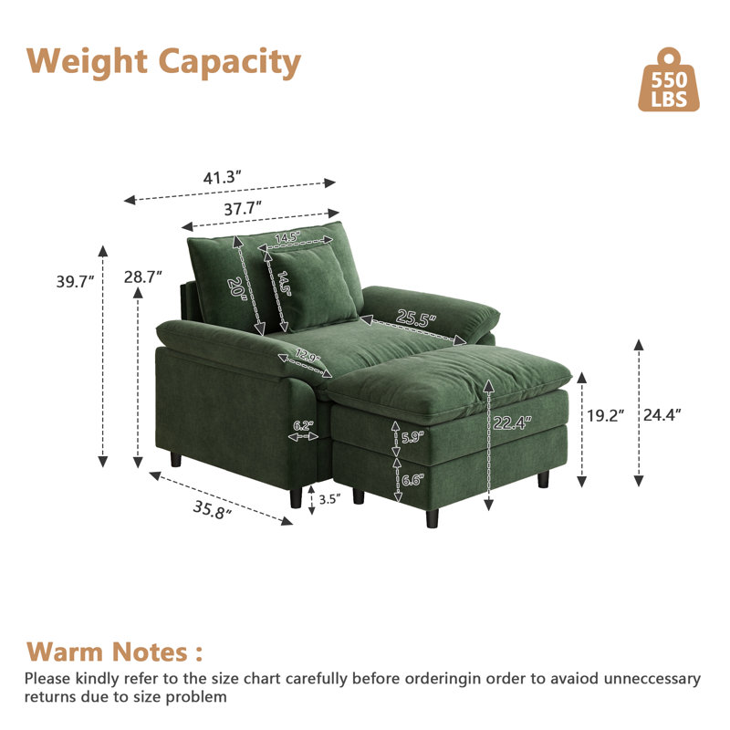 41.3” Wide Chenille Single Seater Sofa With 1 Ottoman, Green