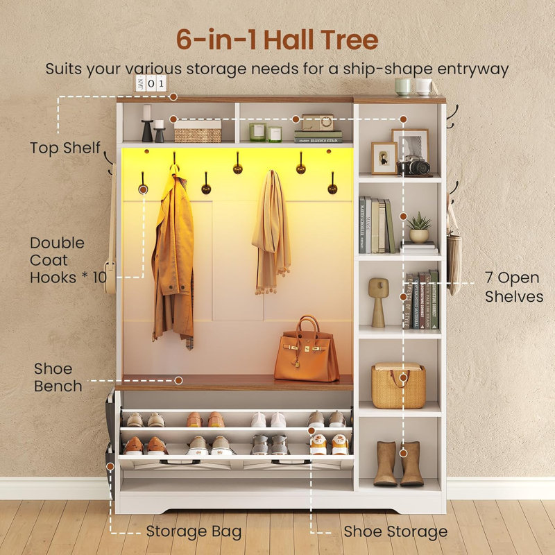 Hall Tree With Bench And Shoe Storage, White