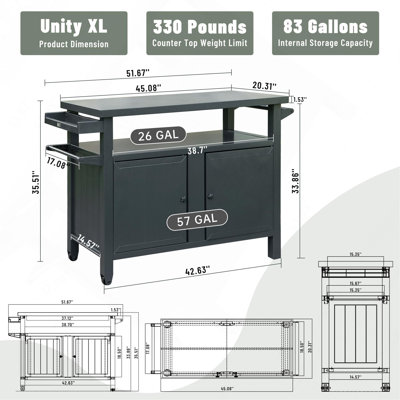 Chariot de barbecue extérieur en métal avec armoire de rangement et roulettes, table de préparation multifonctionnelle pour barbecue de terrasse, gris
