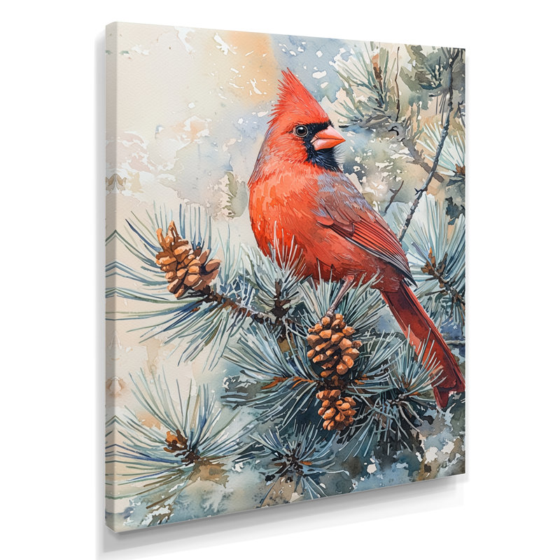 Oiseau, cardinal parmi les pins III, reproduction d'art sur toile, H 40 po x l 30 po, Toile tendue, Ne s’applique pas