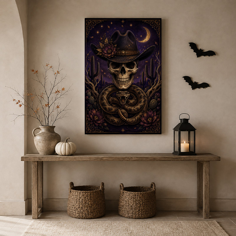 Impression sur toile mauve, crâne de cowboy, 24"H x 16"W