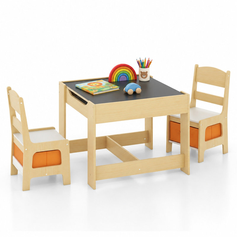 Ensemble de 3 tables d'activités pour enfants et 2 chaises avec tableau noir réversible et plateau blanc, tiroirs de rangement et bacs, naturel