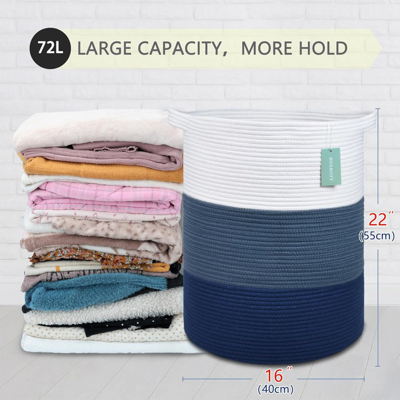 Large Woven Cotton Rope Storage Basket - Multi-Purpose Laundry Hamper, Nursery Basket & Toy Organizer - Sturdy Handmade Blanket Bin With Reinforced Handles For Home Decor
