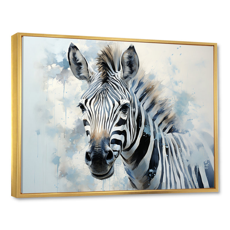 Zèbre noir et bleu II, impression sur toile, Cadre flottant doré, H 16 po x l 32 po x P 1 po