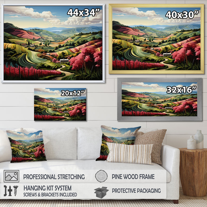 Vert, rose, vignoble, rangées de rubis sur toile, Toile tendue, H 16 po x l 32 po x P 1 po