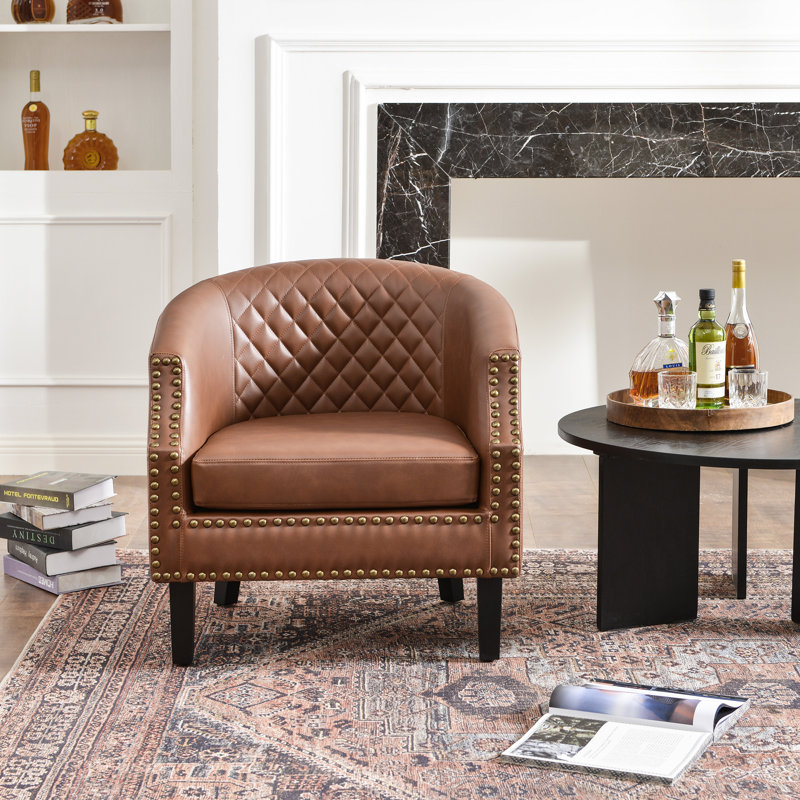 29 " Wide Tufted Small Faux Leather Barrel Bar Club Chair, Brown