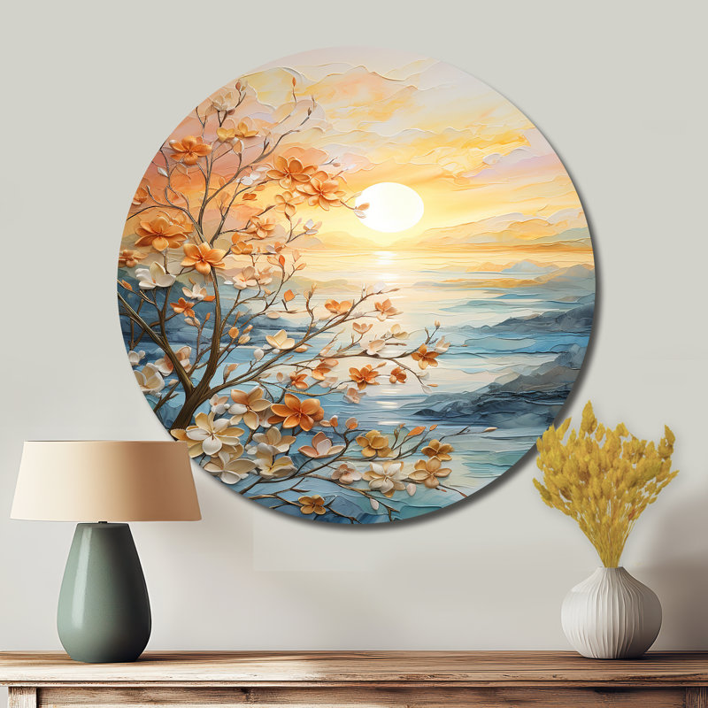 «Bold Sunrise Eernal Renewal I - Paysages», art rond en métal, H 36 po x l 36 po