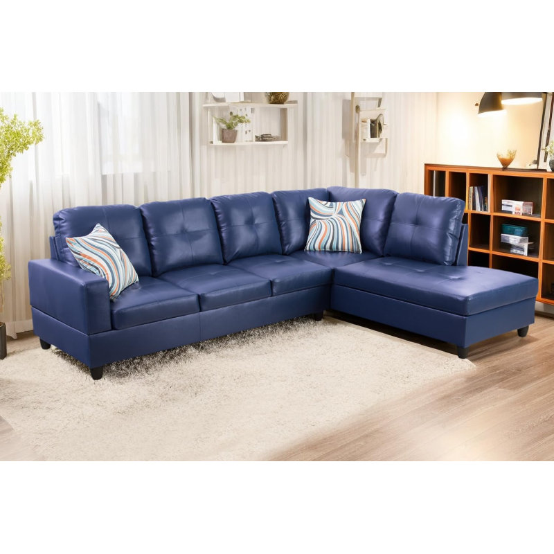 Bawan Faux Leather L-Shaped Sectional, Right Hand Facing, Navy Faux Leather