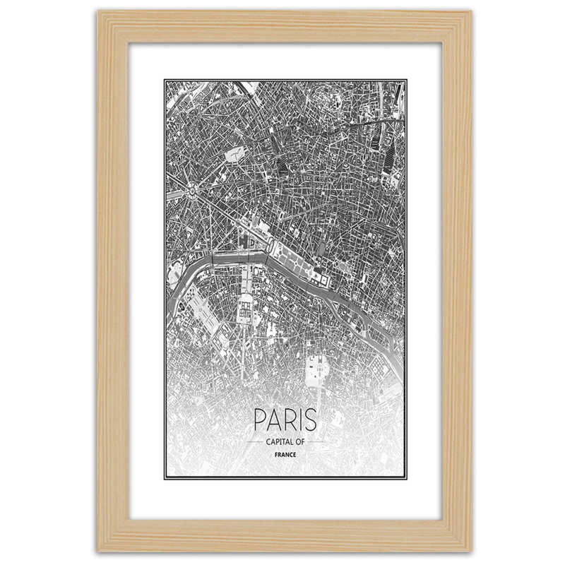 City Map Of Paris - Single Picture Frame Print, Light Brown, 60cm H x 40cm W