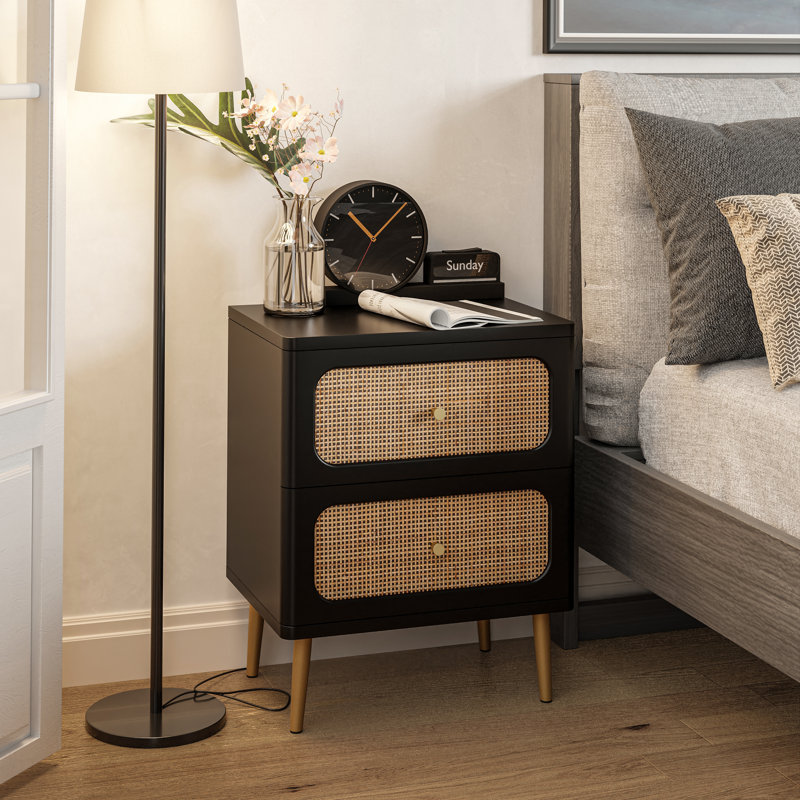Okkra Modern Farmhouse 2-Drawer Woven Nightstand, Black/Brown