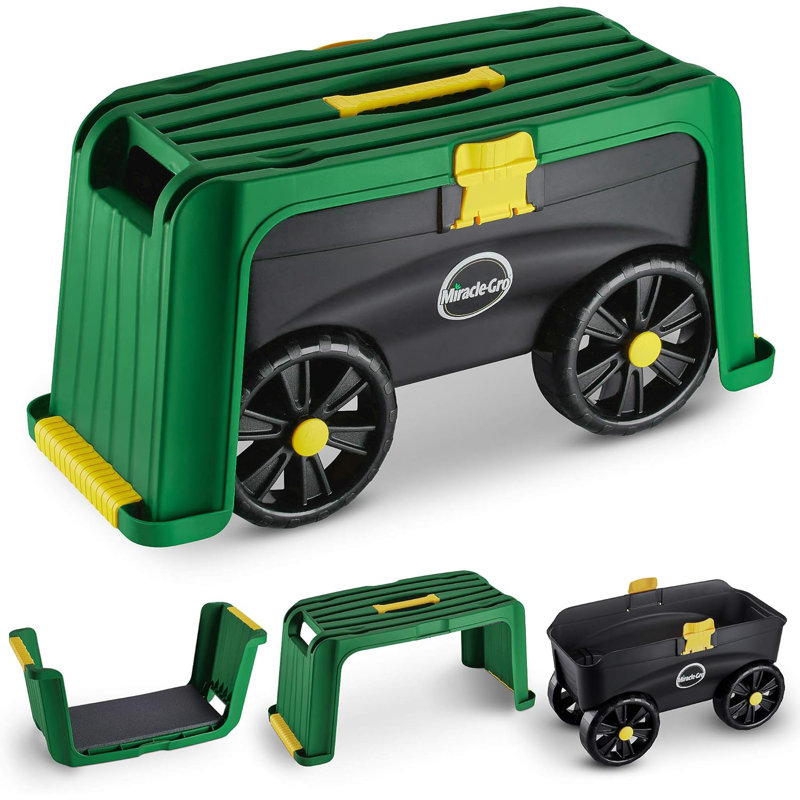Chariot roulant avec tabouret de jardin avec siège, bac de rangement, genoux rembourrés et gants gratuits Miracle Gro