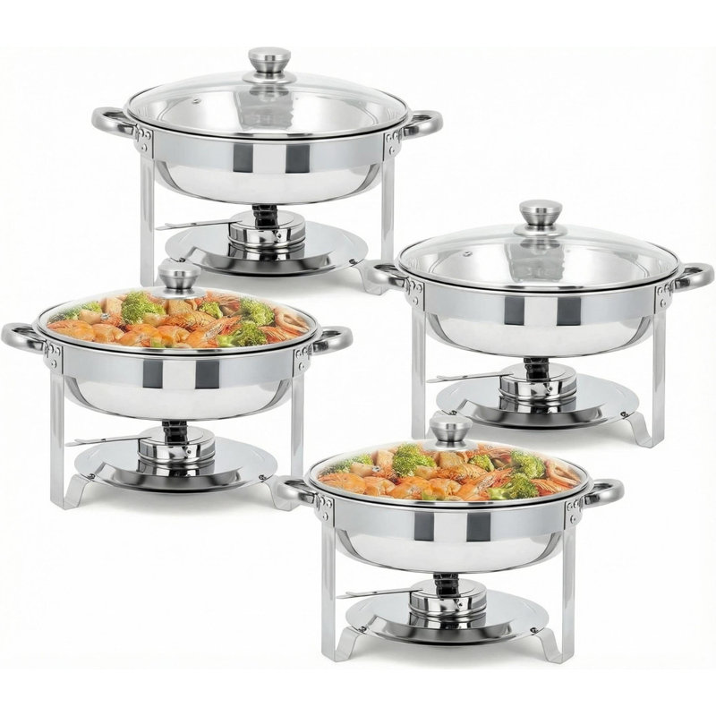 Ensemble de 4 réchauds à vaisselle ronds de 5 pintes - Chauffe-buffet avec couvercles en verre pour la restauration, les fêtes à la maison, les fêtes et les repas au restaurant (argent)