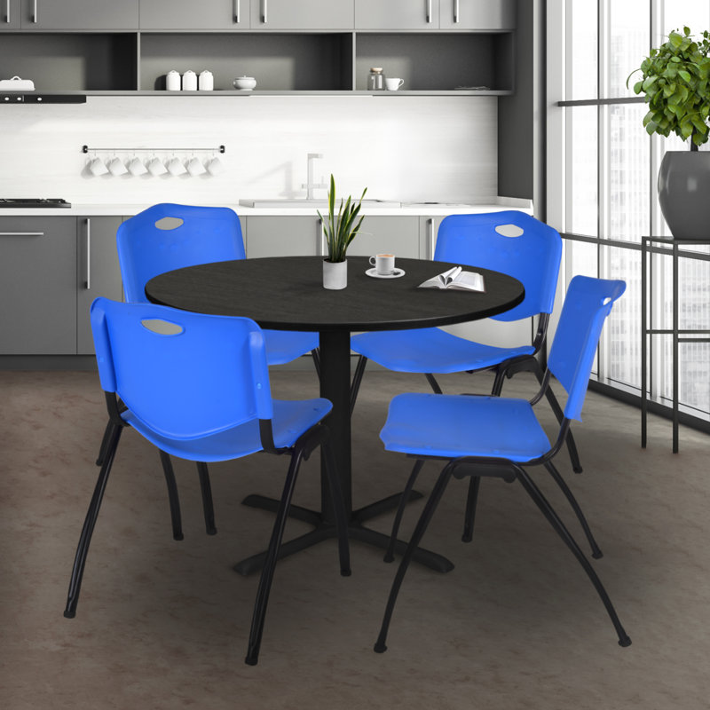Regency Cain Round Breakroom Table & 4 M Stack Chairs, Ash Grey/Blue, 29" H x 42" L x 42" D