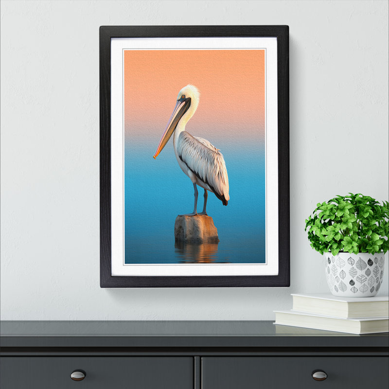 Pelican Minimalism Art - Framed Print, 46cm H x 34cm W x 2cm D, Black Framed