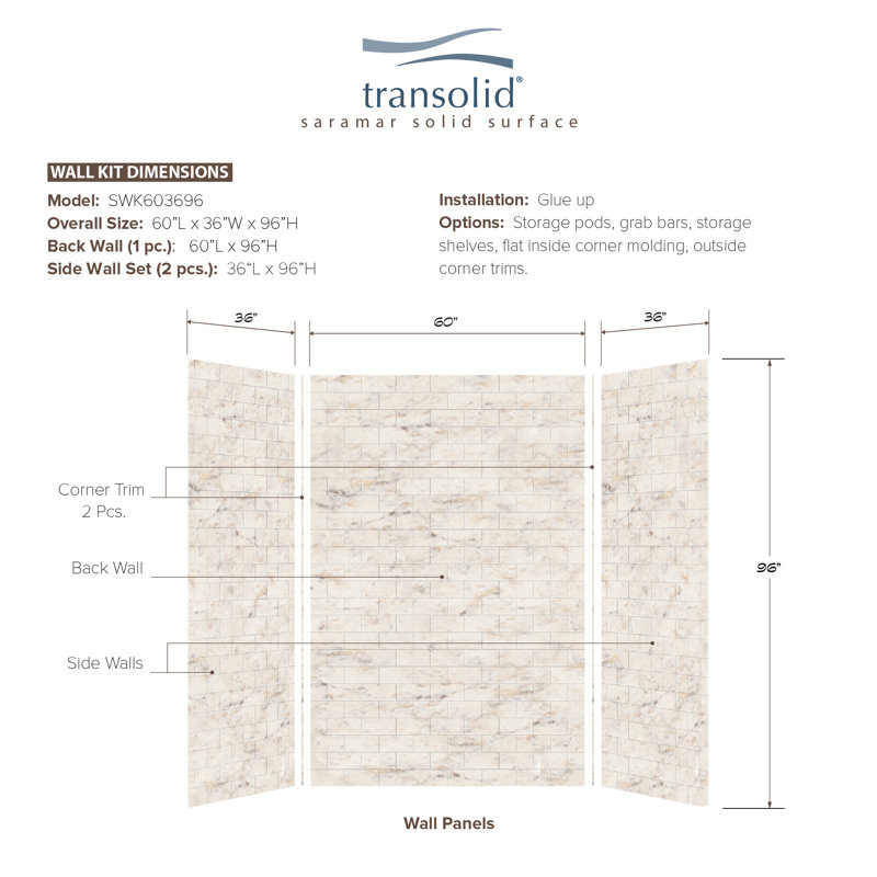 SaraMar Biscotti Marble 36" x 60" x 96" Glue Up Shower Wall Kit