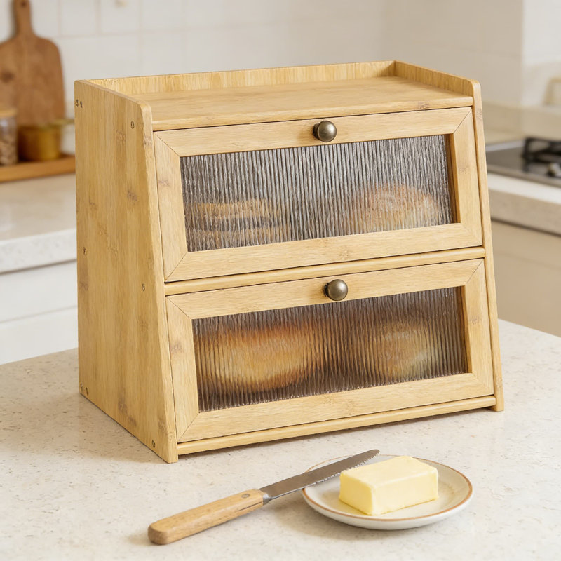 Double Layer Bread Box For Kitchen Counter, Large Capacity Wooden Bamboo Bread Storage Container With Acrylic Window, Stackable Bread Holder And Organizer