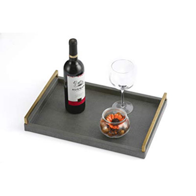 17.8 * 11.8" Grey Shagreen Large Serving Tray With Brushed Gold Handle,Faux Leather Home Decorative Tray, Coffee Table Tray For Living Room, Dinning, Vanity （Grey